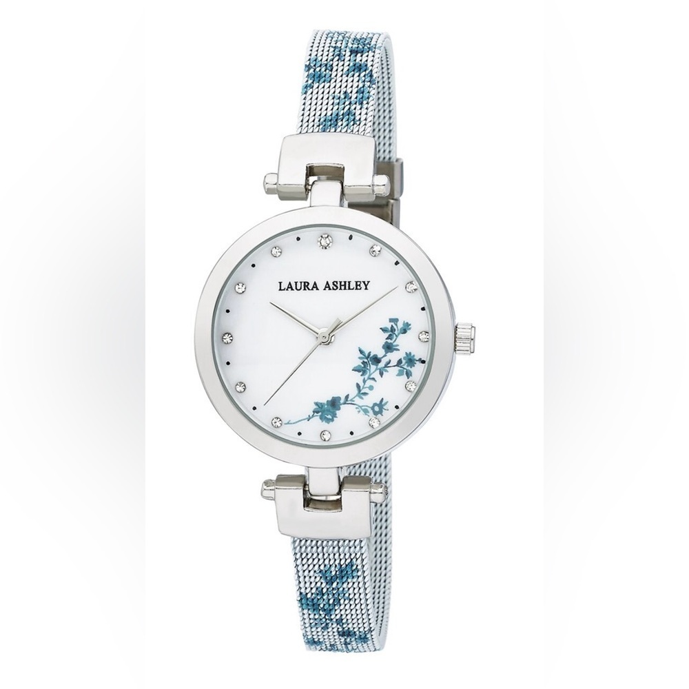 NEW Laura Ashley Silver Watch with Blue Floral Accents